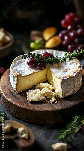 An elegant selection of Mozzarella, Cheddar, Brie, Parmesan, and Gouda cheeses, beautifully arranged with fresh fruits and crackers on a gourmet cheese platter, offering a luxurious culinary experienc photo