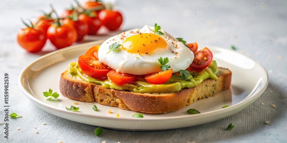 Delightful Avocado Toast Topped with Poached Egg and Cherry Tomatoes, a Simple Yet Elegant Breakfast Delightful Avocado Toast Topped with Poached Egg and Cherry Tomatoes, a Simple Yet Elegant Breakfast