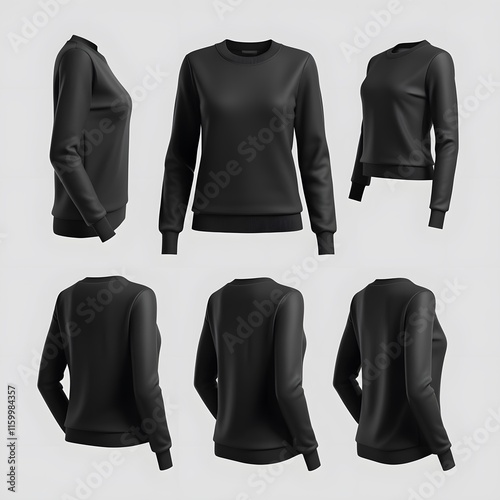 Realistic Black Jumper - Three-Sided View Vector Illustration