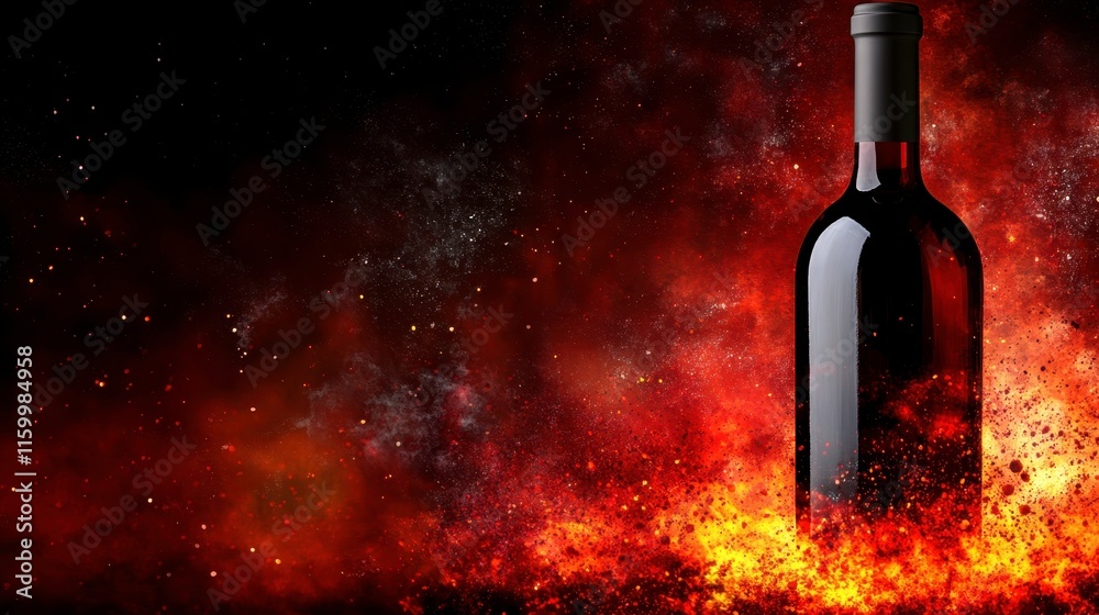 Fototapeta premium Captivating red wine bottle sparkles amidst fiery background dramatic still life studio vibrant colors