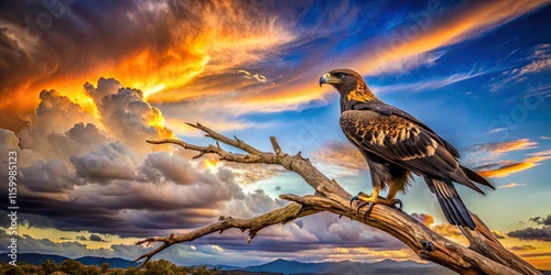 Majestic Wedgetail Eagle Perched on a Dead Tree Branch in Stunning Landscape - Wildlife Photography photo