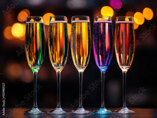 Five elegant champagne flutes filled with colorful drinks, set against a blurred, festive background of glowing lights. photo