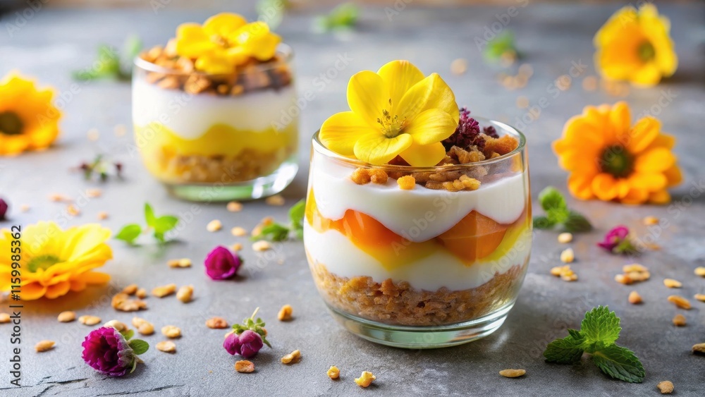 Layered Yogurt Parfait with Granola and Edible Flowers A Delightful Springtime Dessert Layered Yogurt Parfait with Granola and Edible Flowers A Delightful Springtime Dessert