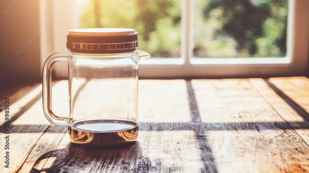 Obraz premium Pouring freshly brewed coffee kitchen table beverage photography morning light relaxed atmosphere