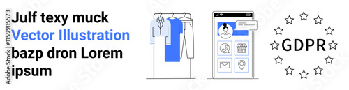 Clothing rack with hanging garments, mobile phone showing user interface with profile, gears, and map icons, surrounded by European stars and GDPR text. Ideal for fashion, mobile apps, data