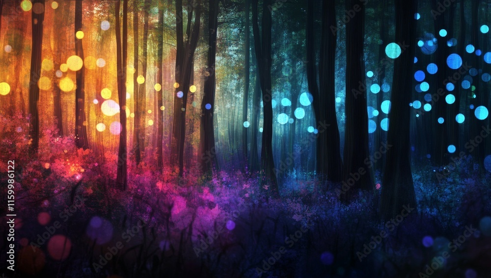 Fototapeta premium Magical rainbow forest path with glowing lights.