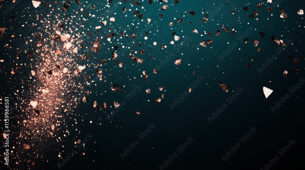 Rose Gold Confetti Falling on Teal Background: Festive Celebration Texture Rose Gold Confetti Falling on Teal Background: Festive Celebration Texture