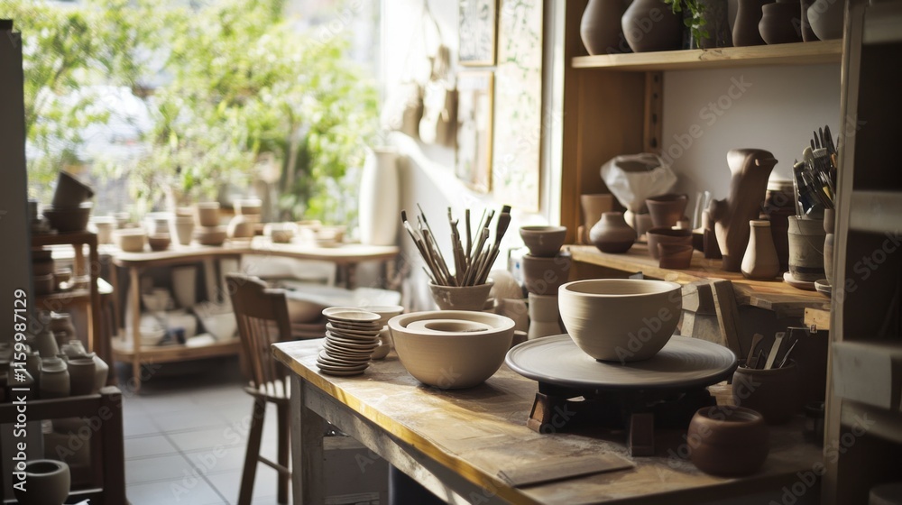 A cozy pottery studio with pottery wheels and ceramic creations, Pottery tools and artistic pottery pieces neatly organized, Artisanal pottery style