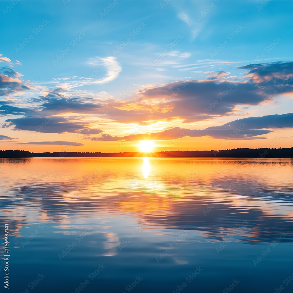 Vibrant sunset over a tranquil lake with colorful reflections.