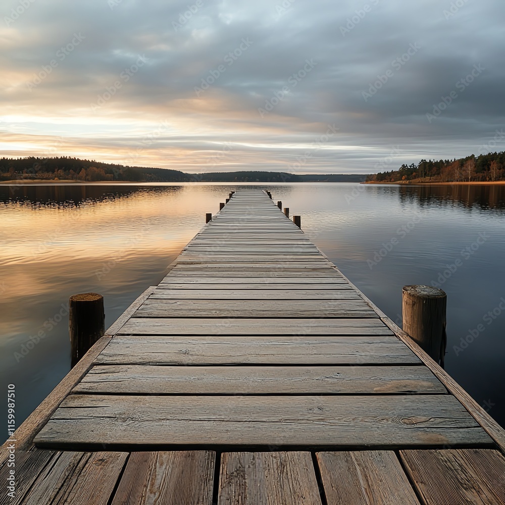 Scenic wooden pier extending into tranquil lake at sunset. Scenic wooden pier extending into tranquil lake at sunset.