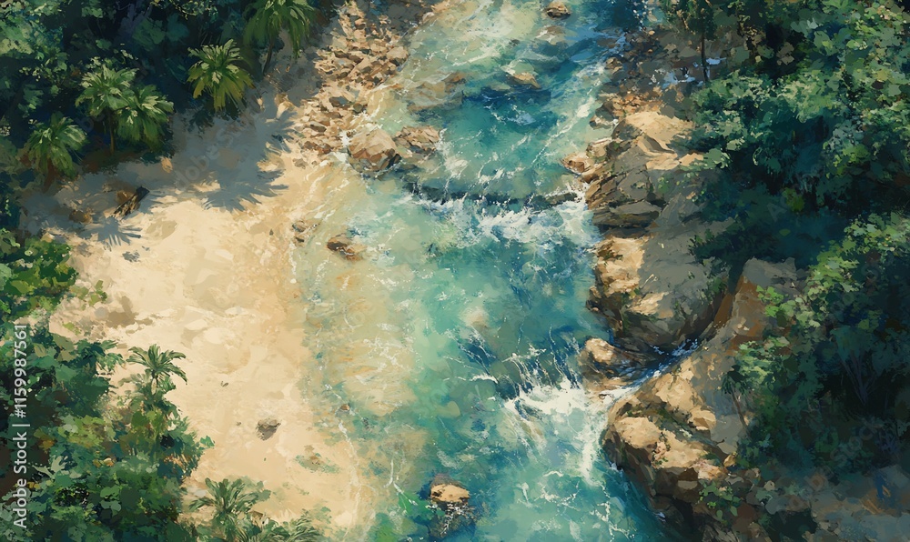 A serene river flows through a tropical landscape with lush greenery. A serene river flows through a tropical landscape with lush greenery.