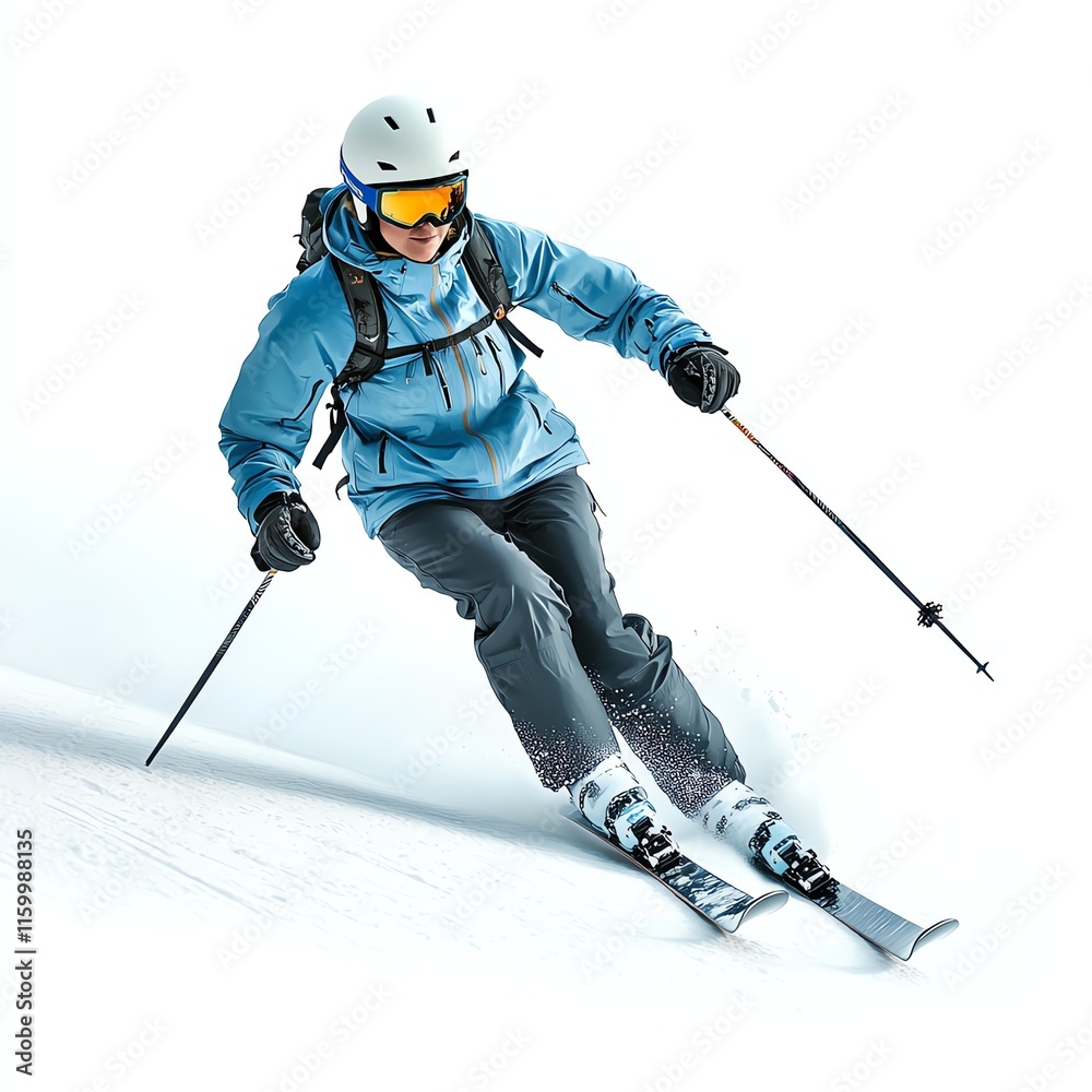 Skier performing a dynamic turn on fresh snow, white isolated background. Skier performing a dynamic turn on fresh snow, white isolated background.