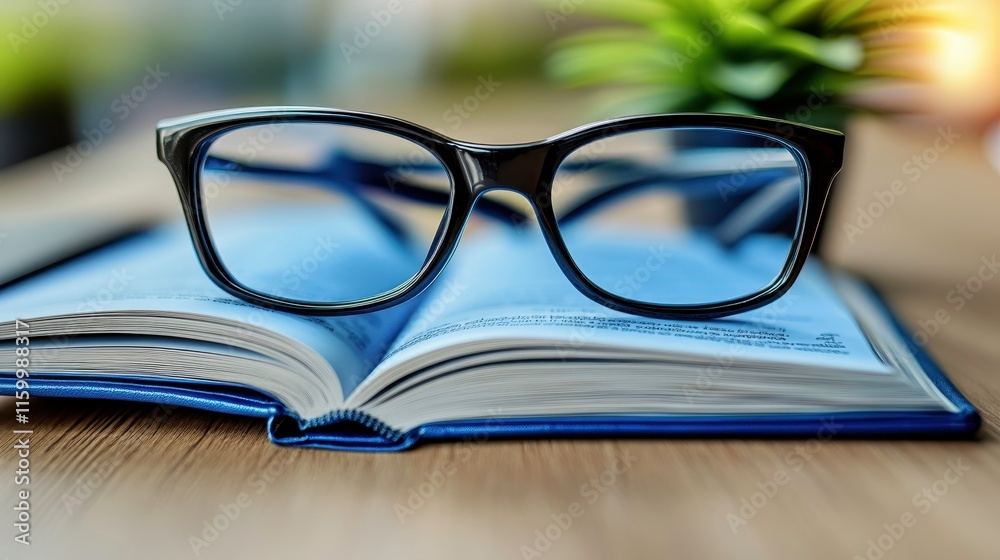 Reading glasses over an open book home office photography modern environment close-up knowledge and learning Reading glasses over an open book home office photography modern environment close-up knowledge and learning