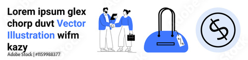 Business meeting with handshakes, woman holding shopping bags, large blue handbag with price tag, dollar currency icon. Ideal for business presentations, e-commerce sites, marketing materials