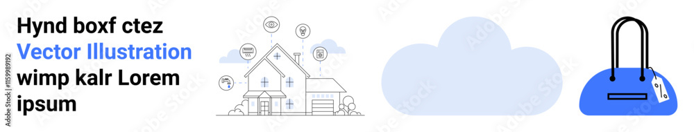 Smart home with connected devices, cloud icon, and online shopping bag. Ideal for technology integration, modern living, IoT, cloud services, e-commerce, convenience and digital lifestyle concepts Smart home with connected devices, cloud icon, and online shopping bag. Ideal for technology integration, modern living, IoT, cloud services, e-commerce, convenience and digital lifestyle concepts