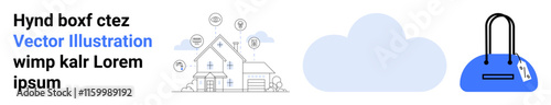 Smart home with connected devices, cloud icon, and online shopping bag. Ideal for technology integration, modern living, IoT, cloud services, e-commerce, convenience and digital lifestyle concepts