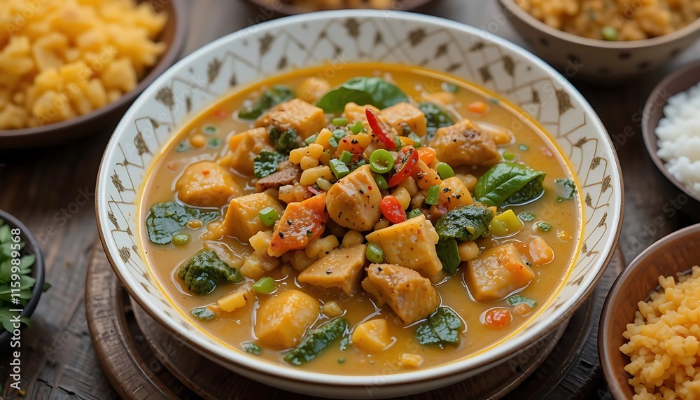 Savory Chicken Stew Aromatic Spices Hearty Vegetables Creamy Broth Rustic Bowl
