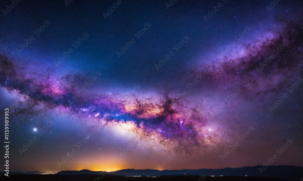 Fototapeta premium 화려한 우주 풍경을 상상해 보세요. 강렬한 보라색, 깊은 파란색, 반짝이는 분홍색이 어우러져 소용돌이치는 성운을 형성합니다.