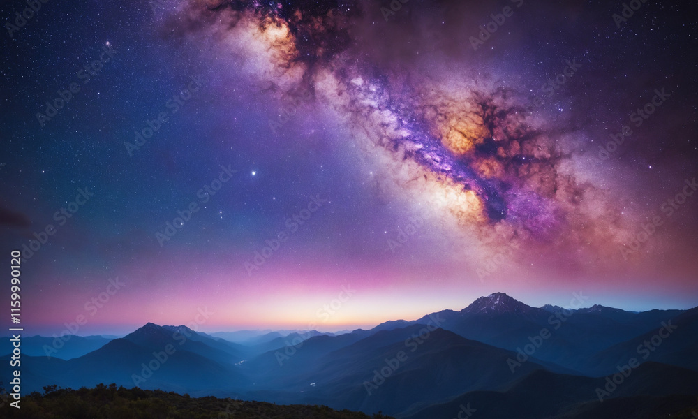 Fototapeta premium 화려한 우주 풍경을 상상해 보세요. 강렬한 보라색, 깊은 파란색, 반짝이는 분홍색이 어우러져 소용돌이치는 성운을 형성합니다.