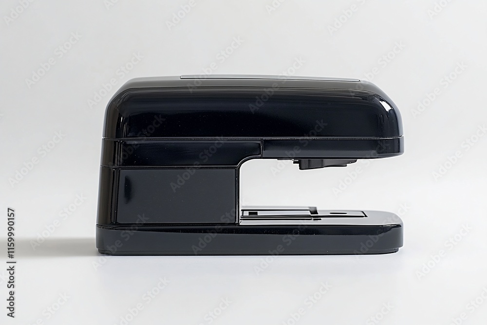A sleek black stapler positioned on a plain background. A sleek black stapler positioned on a plain background.