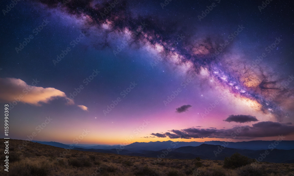 Obraz premium 화려한 우주 풍경을 상상해 보세요. 강렬한 보라색, 깊은 파란색, 반짝이는 분홍색이 어우러져 소용돌이치는 성운을 형성합니다.