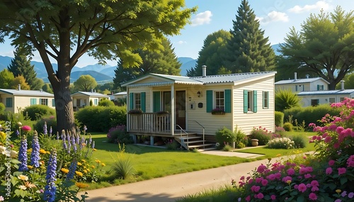 Charming Mobile Home Summer Vacation Colorful Flowers Green Landscape