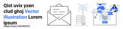 Envelope with document, data server, shopping cart interface with BUY button, connected users. Ideal for email campaigns, data solutions, e-commerce, B2B marketing, business newsletters online