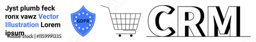 Blue GDPR shield, shopping cart icon, and bold CRM letters. Ideal for data protection, e-commerce security, customer management, online shopping, European regulations, business software, and digital