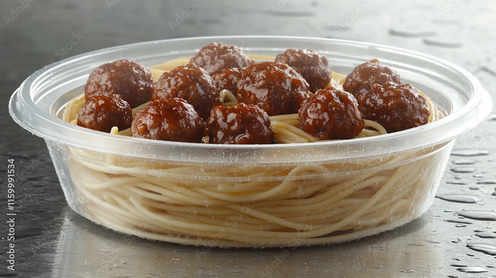 A bowl of spaghetti topped with meatballs in a clear container. A bowl of spaghetti topped with meatballs in a clear container.
