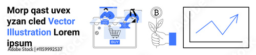 Business team examining shopping cart on a laptop, hand holding a plant, upward trend graph. Ideal for corporate strategy, e-commerce, environmental sustainability themes, growth projections