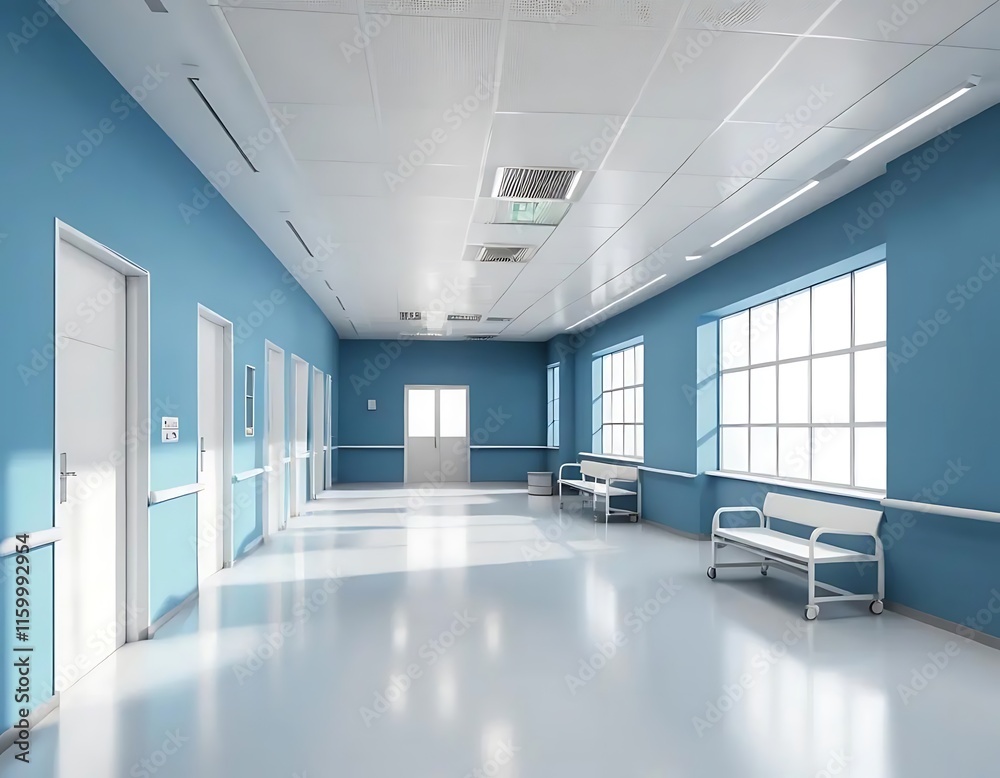 Modern Hospital Corridor With Clean White And Blue Design Modern Hospital Corridor With Clean White And Blue Design