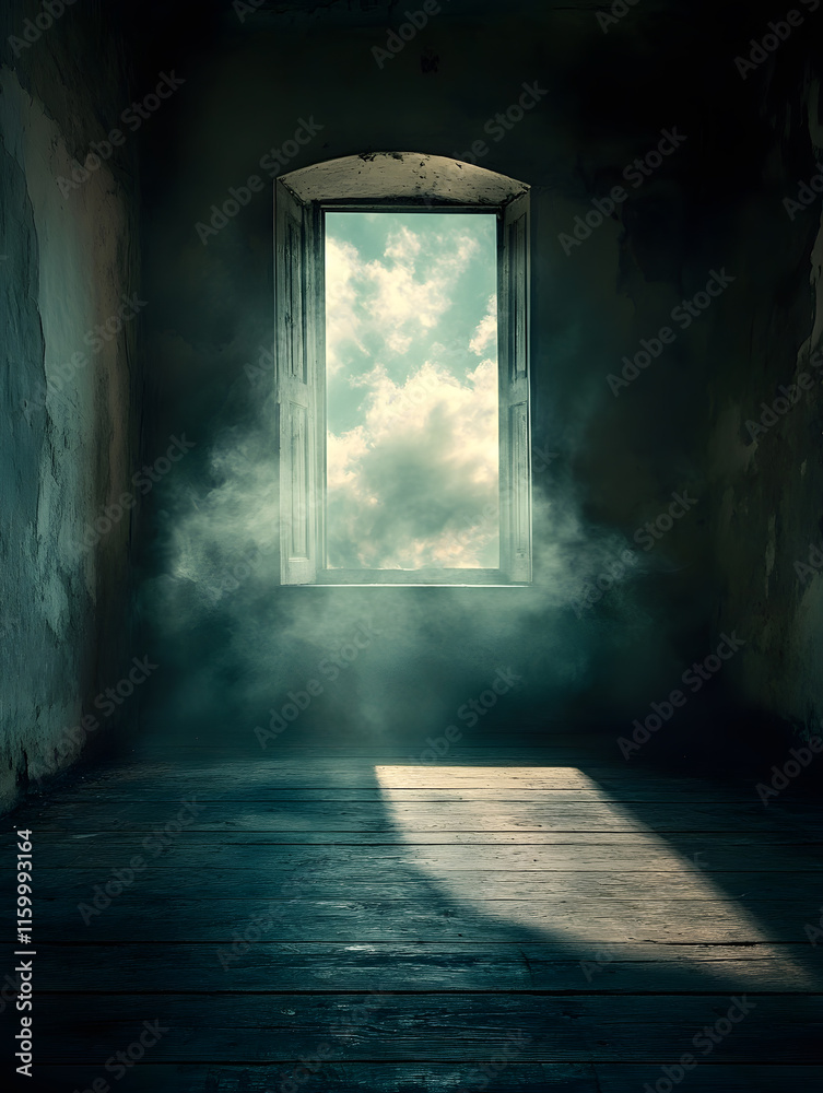 Obraz premium Mystical Abandoned Room with Light Streaming Through Window and Atmospheric Smoke : Generative AI