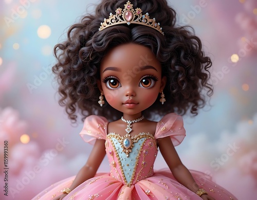 Beautiful Black Doll Princess Pink Gown Gold Crown Dreamy Setting