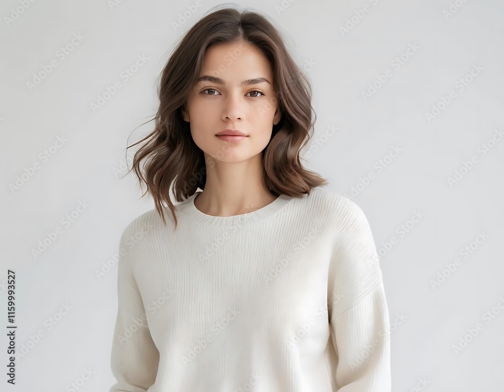 Obraz premium Woman in Off White Knit Sweater Simple Studio Portrait