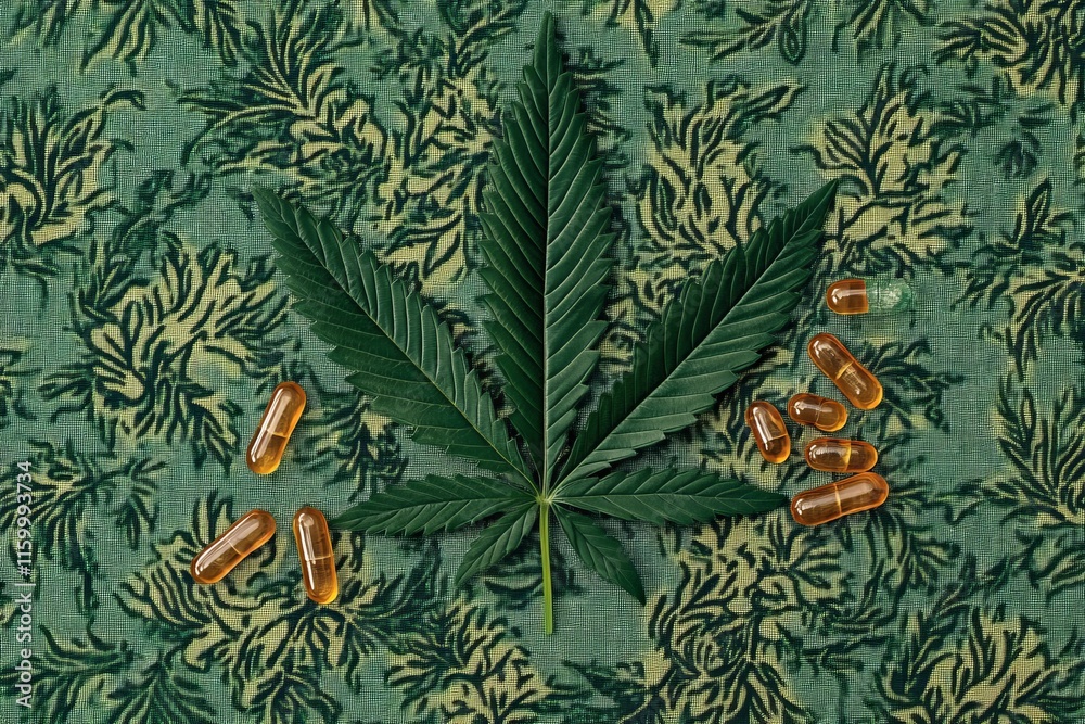 Fototapeta premium Cannabis leaf and CBD capsules on patterned fabric.