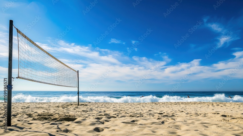 A lively beach volleyball game on sandy shores, Volleyball net set against crashing waves, Coastal sport style A lively beach volleyball game on sandy shores, Volleyball net set against crashing waves, Coastal sport style