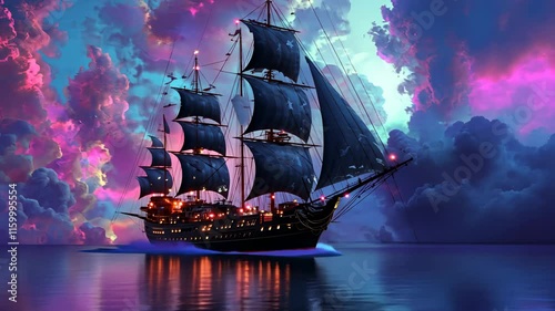 A majestic pirate ship sailing on the ocean under colorful clouds, with glowing lights illuminating its sails and crew, 