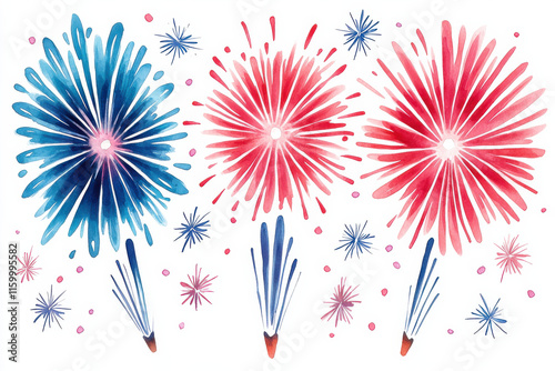 Colorful watercolor fireworks burst in red and blue celebration photo