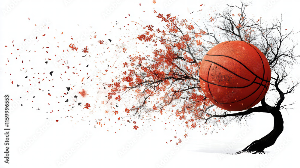 vibrant basketball surrounded by swirling autumn leaves, symbolizing energy and movement. artistic blend of nature and sport creates dynamic visual experience vibrant basketball surrounded by swirling autumn leaves, symbolizing energy and movement. artistic blend of nature and sport creates dynamic visual experience