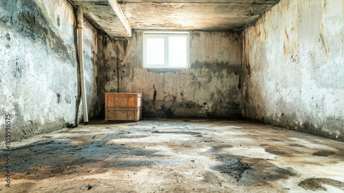 Musty Basement with Exposed Pipes and Mold Growth on Damp Walls and Floor photo