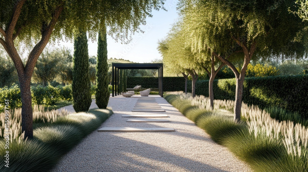 Obraz premium Modern Mediterranean-style dry garden, sleek gravel pathways, symmetrical cypress trees, ornamental grasses, and a small shaded pergola,