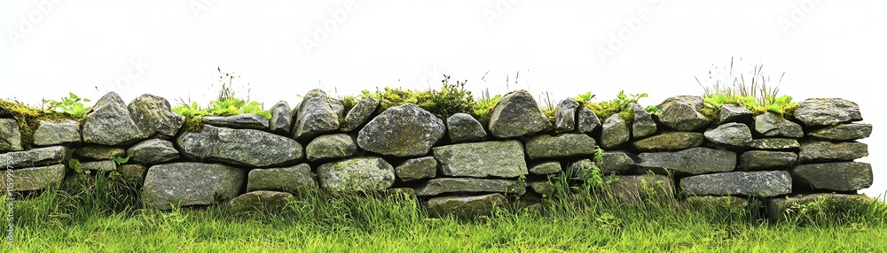 Stone wall with grass, white isolated background for design. Stone wall with grass, white isolated background for design.
