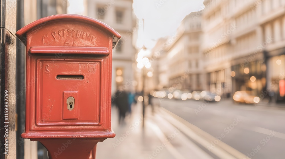 Historic red mailbox stands prominently on a British street, symbolizing timeless communication and cultural heritage Historic red mailbox stands prominently on a British street, symbolizing timeless communication and cultural heritage