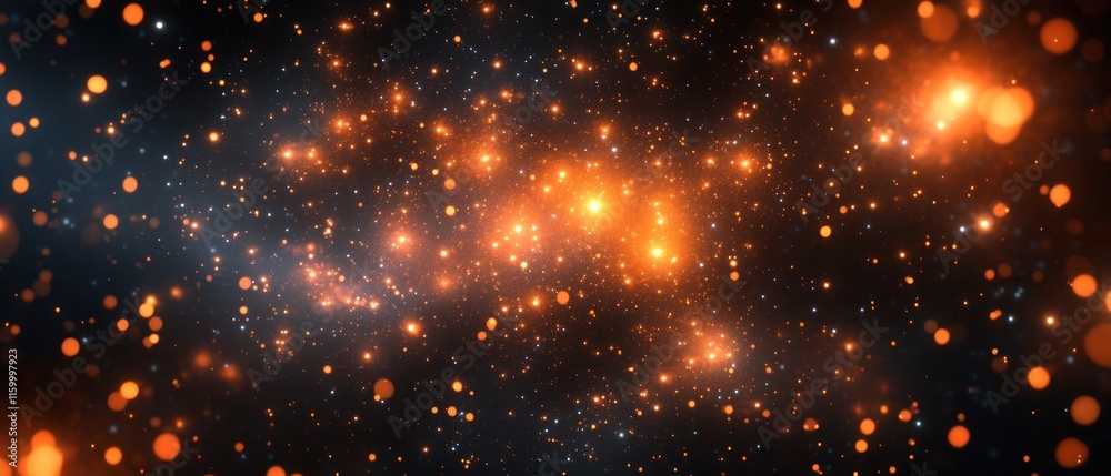 Fototapeta premium Abstract cosmic nebula with glowing particles and bokeh lights.