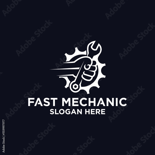 Mechanical technology logo, fast repair shop logo symbol, fast machine maintenance spare parts.