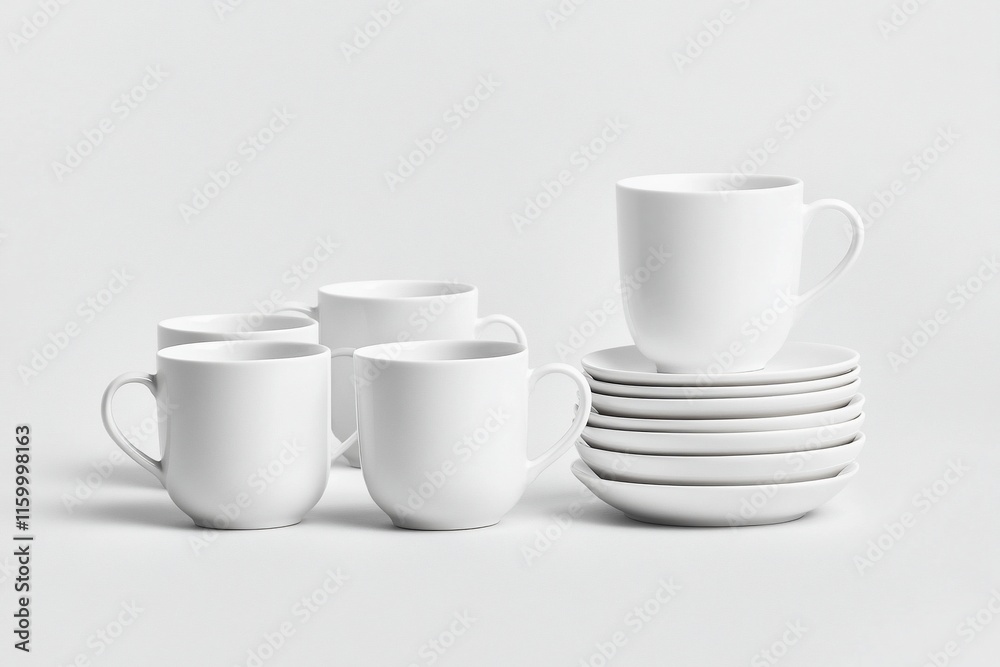 A minimalist arrangement of white cups and saucers on a light background. A minimalist arrangement of white cups and saucers on a light background.