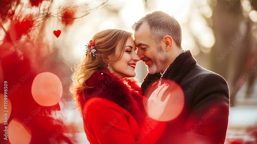 Fototapeta premium Romantic Couple Embracing in a Winter Wonderland with Heartfelt Connection : Generative AI