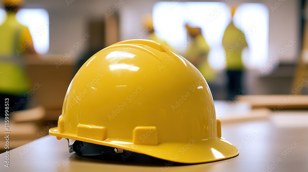 A hard hat sits on a table in a construction site office, with a blurred team of workers visible in the background A hard hat sits on a table in a construction site office, with a blurred team of workers visible in the background