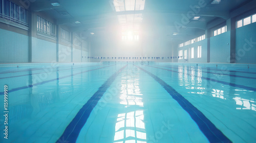 Pristine Indoor Swimming Pool with Clear Blue Water and Bright Ambient Lighting