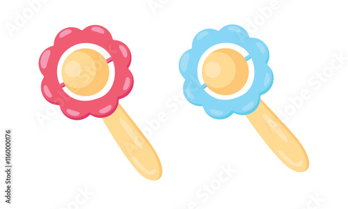 Baby rattle vector set in cartoon style. Colorful rattle toy for infant baby. Baby shower, baby toy flat vector isolated on white background.